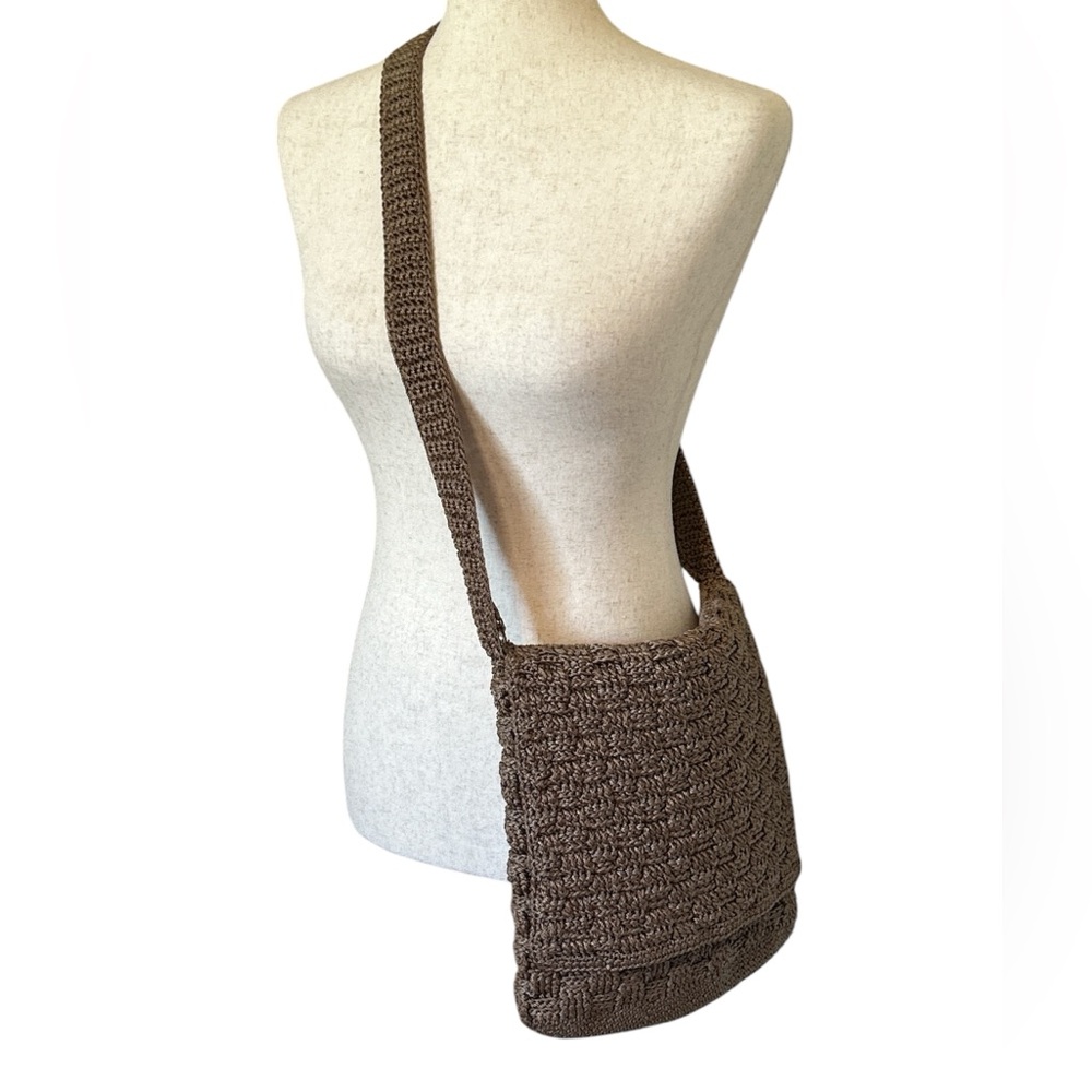 The Sak Brown Tan Crochet Crossbody Fold Over Purse Bag Checked Pattern 90s Y2K